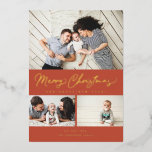 Merry Christmas Foil Script 3 Collage Multi-Foto Folien Feiertagskarte<br><div class="desc">Modernes Pinselskript mit 3 Fotos. Kommt auch mit einem Foto auf der Rückseite.</div>