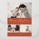 Merry Christmas Foil Script 3 Collage Multi-Foto Folien Feiertagskarte<br><div class="desc">Modernes Pinselskript mit 3 Fotos. Kommt auch mit einem Foto auf der Rückseite.</div>