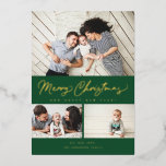 Merry Christmas Foil Script 3 Collage Multi-Foto Folien Feiertagskarte<br><div class="desc">Modernes Pinselskript mit 3 Fotos. Kommt auch mit einem Foto auf der Rückseite.</div>