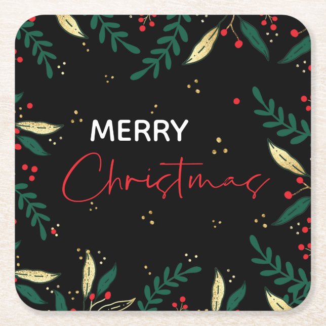 Merry Christmas Foto von Black Red Gold Greenery Rechteckiger Pappuntersetzer (Vorderseite)