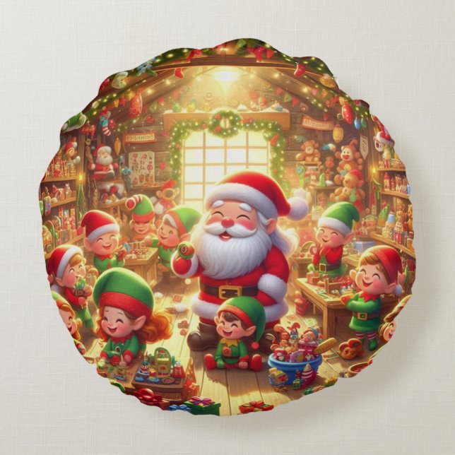 Merry Christmas From Santa and His Elves  Rundes Kissen (Rückseite)