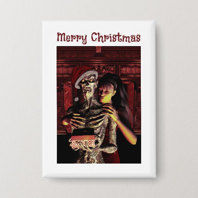 Merry Christmas. Funny skeleton with woman Button (Vorderseite)