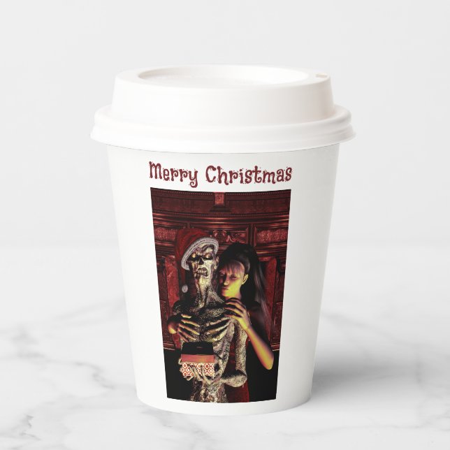 Merry Christmas. Funny skeleton with woman Pappbecher (Vorderseite)