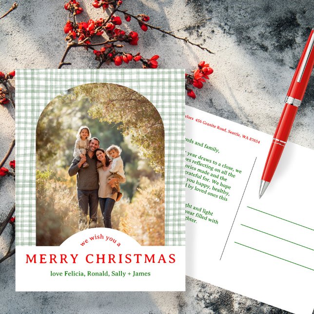 MERRY CHRISTMAS Gingham Holiday CUSTOM Arch FOTO Postkarte (MERRY CHRISTMAS Gingham Holiday CUSTOM Arch PHOTO Postcard
)