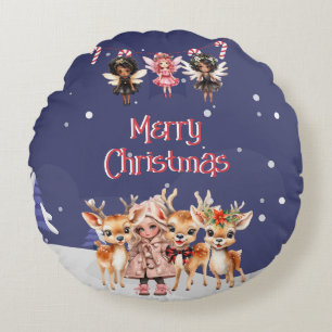 Merry Christmas Girl Reindeer Candy Cane Fairies Rundes Kissen