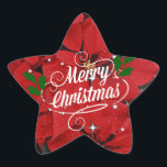 Merry Christmas, Glitter und Sparkle Stern-Aufkleber<br><div class="desc">Frohe Weihnachten,  Glitzer und funkeln auf einem Hintergrund rubinrote Poinsettias</div>