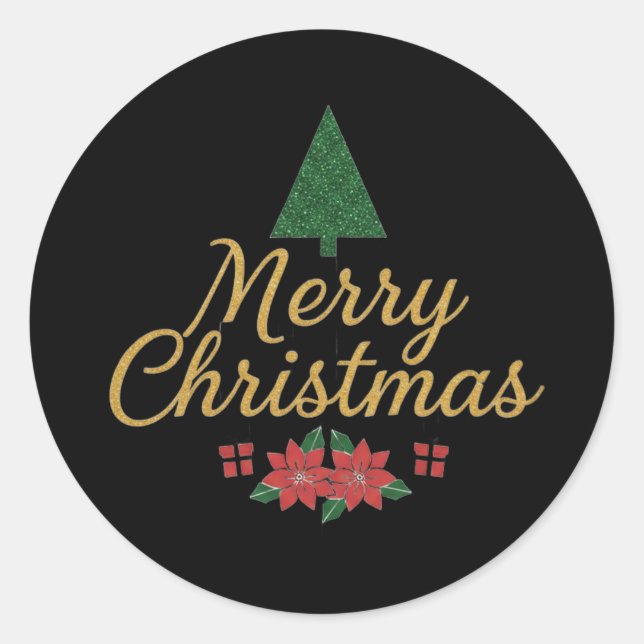 Merry Christmas Gold Script with Poinsettia & Tree Runder Aufkleber (Vorderseite)