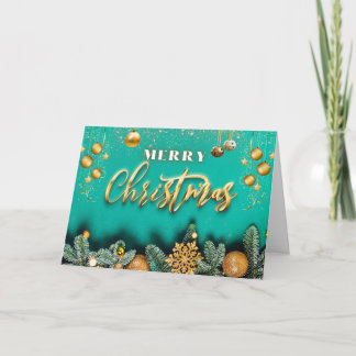 Merry Christmas Golden Ornaments and Pine Branches Karte