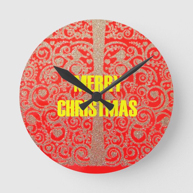 Merry Christmas Golden Red Snow Hearts Runde Wanduhr (Vorderseite)