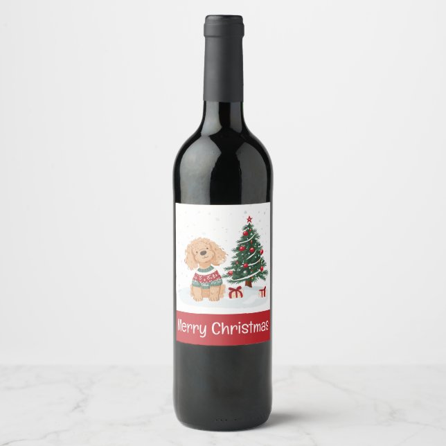 Merry Christmas Goldendoodle Dog Weinetikett (Vorderseite)