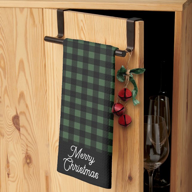 Merry Christmas Green & Black Buffalo Plaid Geschirrtuch (Von Creator hochgeladen)
