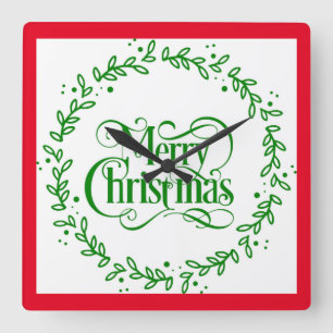 MERRY CHRISTMAS GREEN WREATH LARGE CLOCK QUADRATISCHE WANDUHR