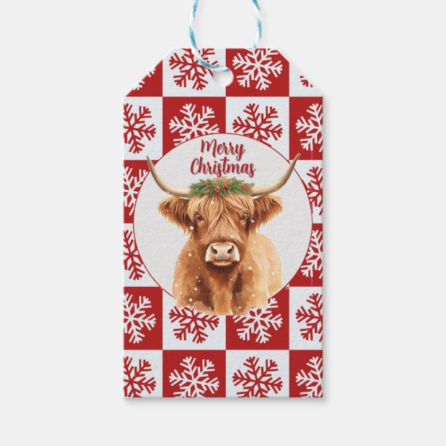 Merry Christmas Greenery Highland Miniature Cow Geschenkanhänger (Vorderseite)