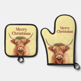 Merry Christmas Greenery Highland Miniature Cow Ofenhandschuh & Topflappen-Set