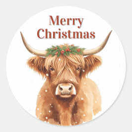 Merry Christmas Greenery Highland Miniature Cow Runder Aufkleber