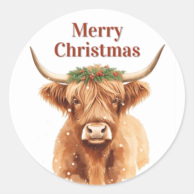 Merry Christmas Greenery Highland Miniature Cow Runder Aufkleber (Vorderseite)