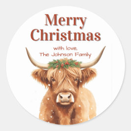 Merry Christmas Greenery Highland Miniature Cow Runder Aufkleber