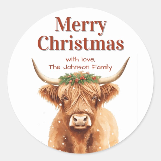 Merry Christmas Greenery Highland Miniature Cow Runder Aufkleber (Vorderseite)