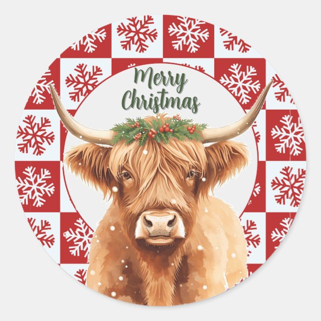 Merry Christmas Greenery Highland Miniature Cow Runder Aufkleber (Vorderseite)