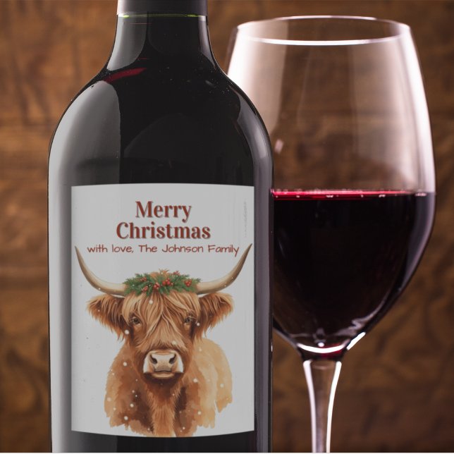 Merry Christmas Greenery Highland Miniature Cow Weinetikett (Christmas wine labels with an adorable highland miniature cow. Personalize your wine gifting.)