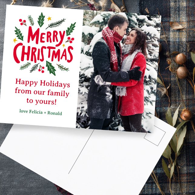 MERRY CHRISTMAS HandGezeichnet Ferienhaus CUSTOM F Postkarte (MERRY CHRISTMAS Hand-Drawn Holiday CUSTOM PHOTO Postcard
)