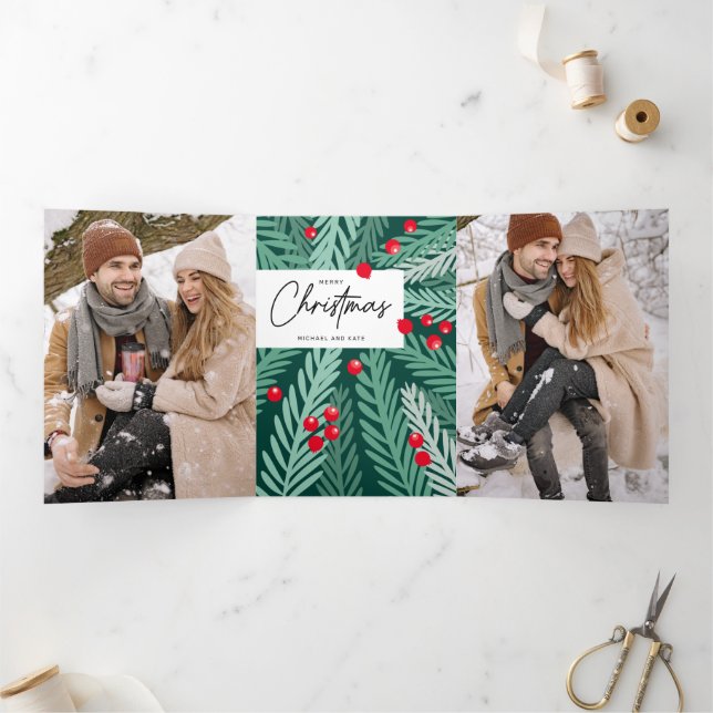 MERRY CHRISTMAS | Happy Holiday Winter Floral Dreifach Gefaltete Urlaubskarte (Innenseite)