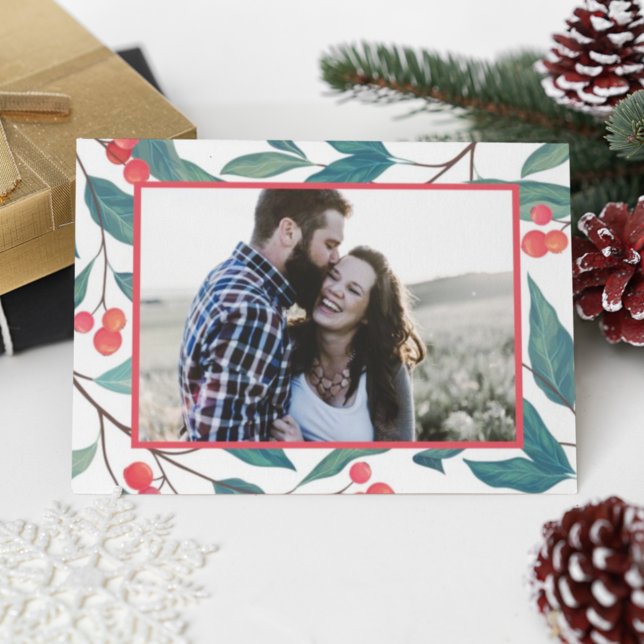 MERRY CHRISTMAS | Happy Holidays Watercolor Holly Postkarte (Von Creator hochgeladen)