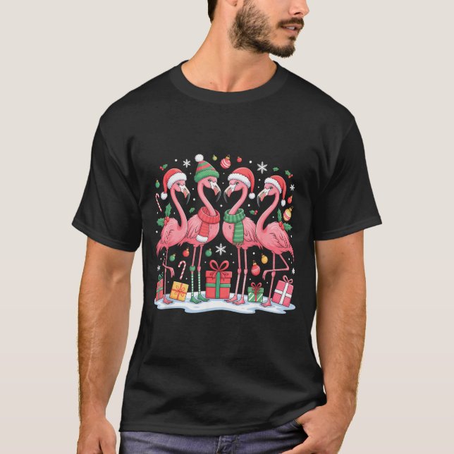 Merry Christmas Hat Santa Flamingo Light Christmas T-Shirt (Vorderseite)