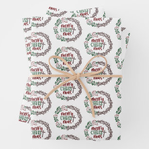 MERRY CHRISTMAS Holly & Thorns Christlich Wreath Geschenkpapier Set