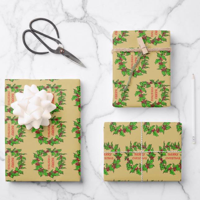 Merry Christmas Holly Wreath With Berries  Geschenkpapier Set (Vorderseite)