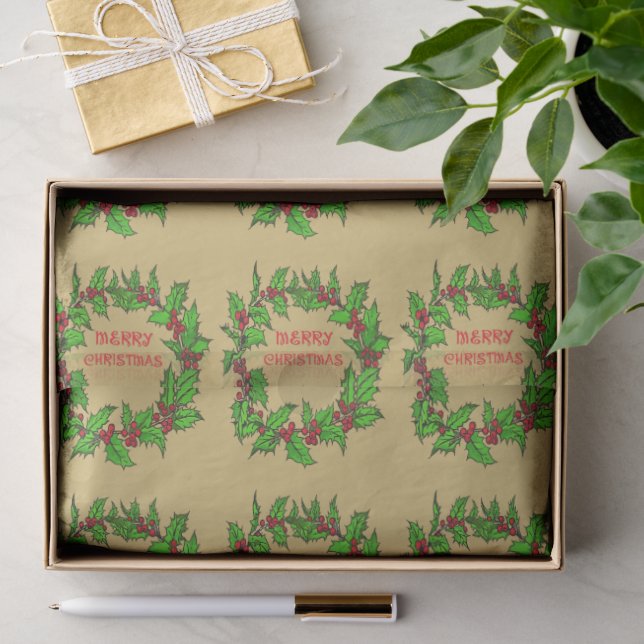 Merry Christmas Holly Wreath With Berries  Seidenpapier (Geschenk)