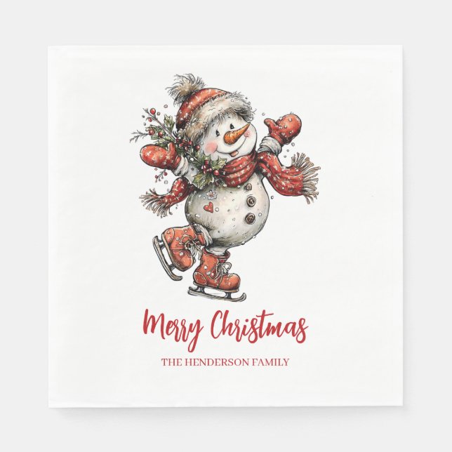 Merry Christmas Ice Skates Snowman  Serviette (Vorderseite)
