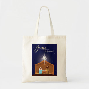 Merry Christmas Illustrated Nativity Scene Tragetasche
