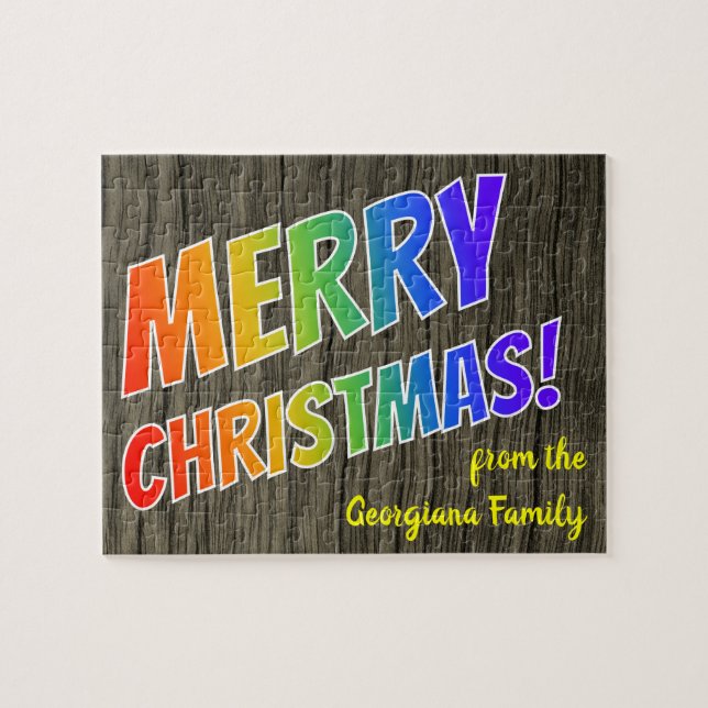 "MERRY CHRISTMAS!" im Regenbogentext, Imitate Wood (Horizontal)