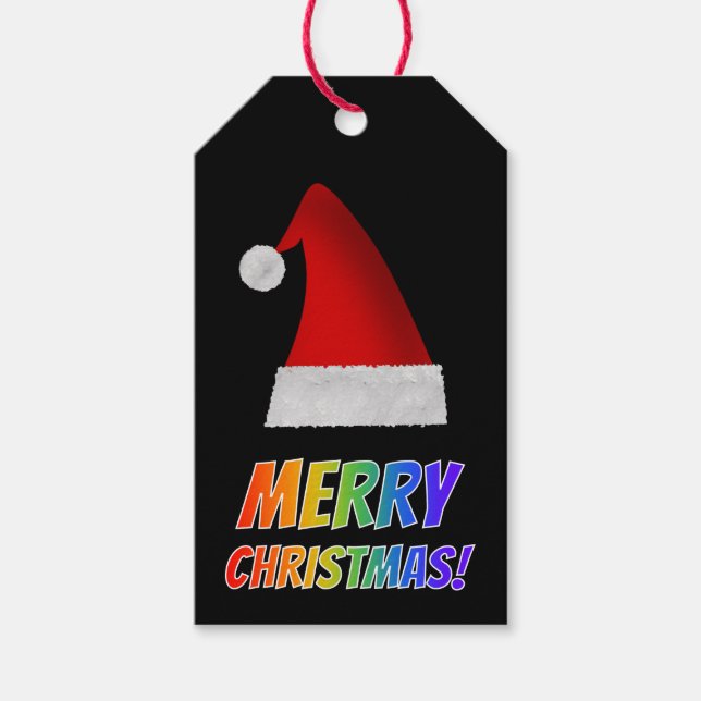 "MERRY CHRISTMAS!" im Regenbogentext, Rote Weihnac Geschenkanhänger (Vorderseite)