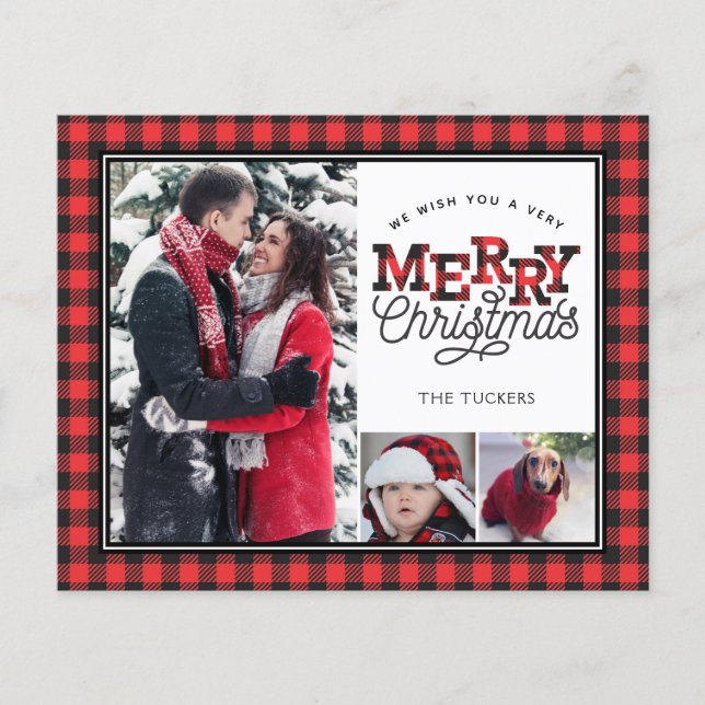 MERRY Christmas Kariert Budget 3-Foto-Urlaubskarte (Vorderseite)
