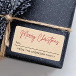 Merry Christmas Kraft paper look to from gift tag Adressaufkleber<br><div class="desc">Simple,  modern to-from gift tag labels with the text "Merry Christmas" in a red,  modern,  handwitten style font and space for you to write a name. Brown,  Kraft paper look (printed image) background.</div>