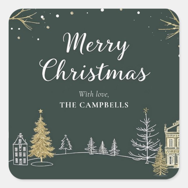 Merry Christmas Landscape Holiday Quadratischer Aufkleber (Vorderseite)