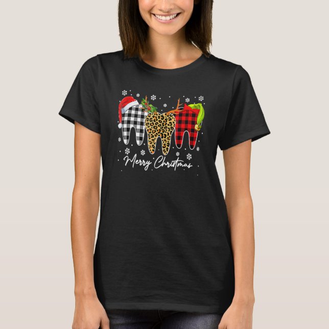 Merry Christmas Leopard Plaid Teeth Santa Reindeer T-Shirt (Vorderseite)