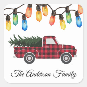 Merry Christmas Light Bulbs LKW-Baum Familienname Quadratischer Aufkleber