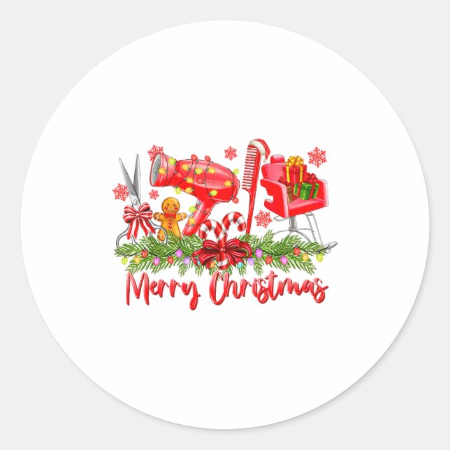 Merry Christmas Lights Hairstylist Tool Hairdresse Runder Aufkleber (Vorderseite)