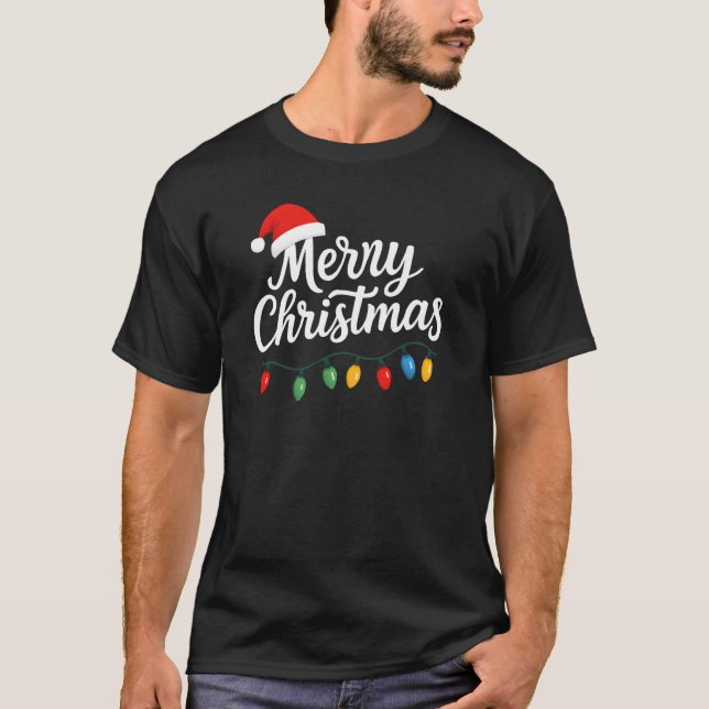 Merry Christmas Lights Santa Hat Family T-Shirt (Vorderseite)