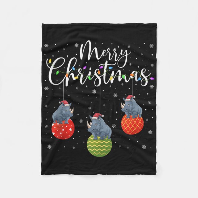 Merry Christmas Lights Santa Hat Rhino Ugly Xmas T Fleecedecke (Vorderseite)