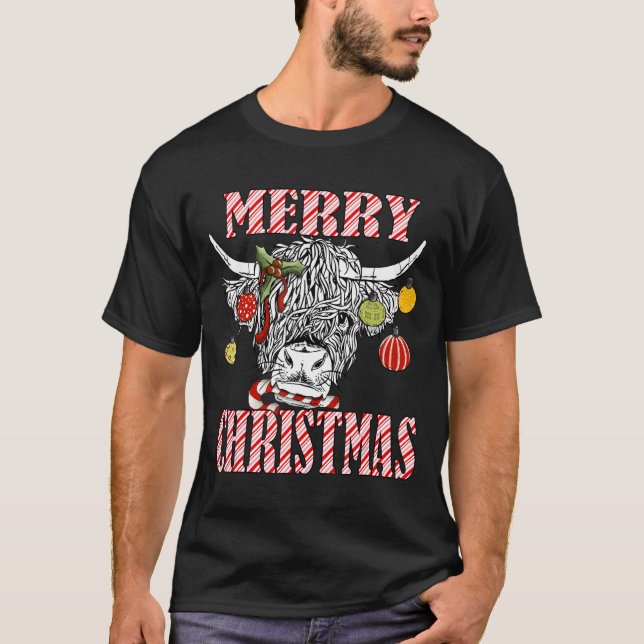 Merry Christmas Longhorn Cow Candycane Xmas Holida T-Shirt (Vorderseite)