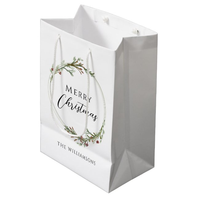 Merry Christmas Minimalist Wreath Mittlere Geschenktüte (Vorderseite Schrägansicht)