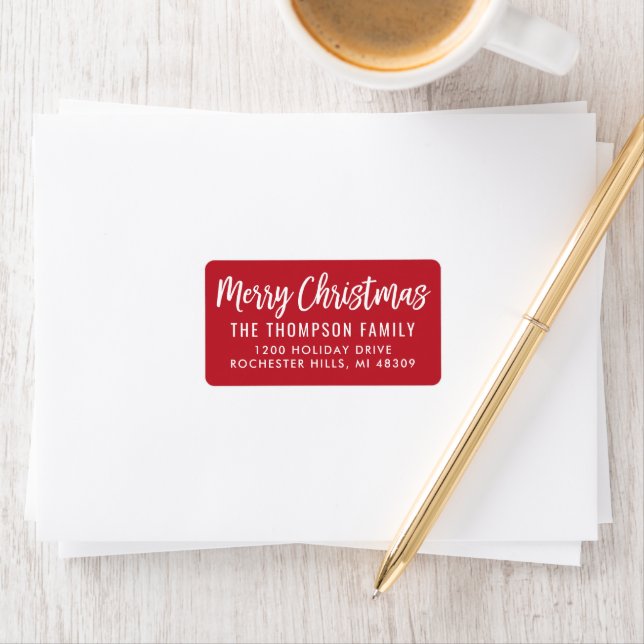 Merry Christmas Modern Script Red Return Address Adressaufkleber (Insitu)