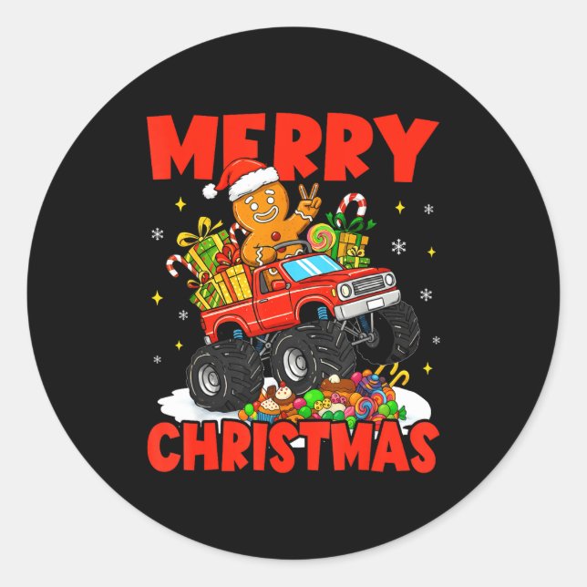 Merry Christmas Monster Truck Funny Gingerbread Me Runder Aufkleber (Vorderseite)