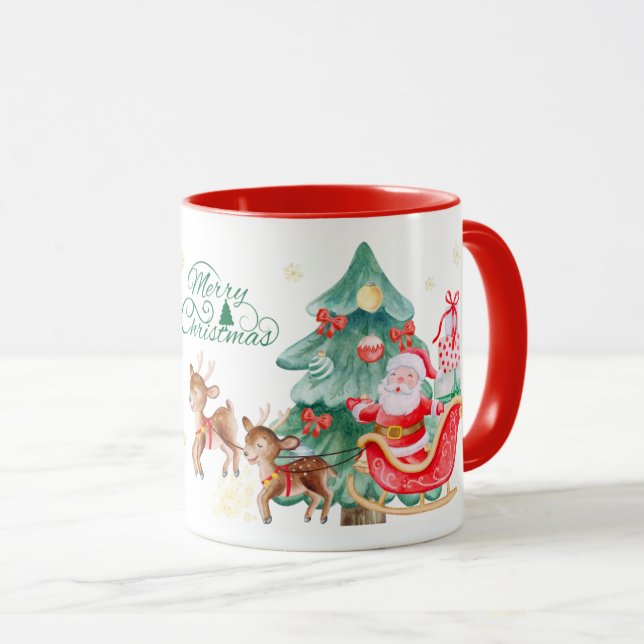 Merry Christmas Mug – Santa & Flying Reindeer Tasse (VorderseiteRechts)