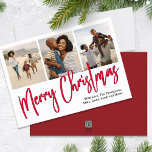 Merry Christmas Multi Photo Red Calligraphy Script Feiertagskarte<br><div class="desc">This design features a merry Christmas calligraphy script photo card with a multi-photo collage three 3 template, a simple minimalist elegant minimal, a Christmas holiday photo cards, a simple minimalist family photo, an elegant classic traditional Christmas, a stylish trendy calligraphy script, a three photo card template, a simplistic elegance creative...</div>