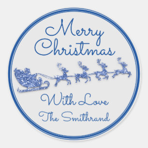 Merry Christmas Name Sleigh Santa Deer Blue Gray Runder Aufkleber